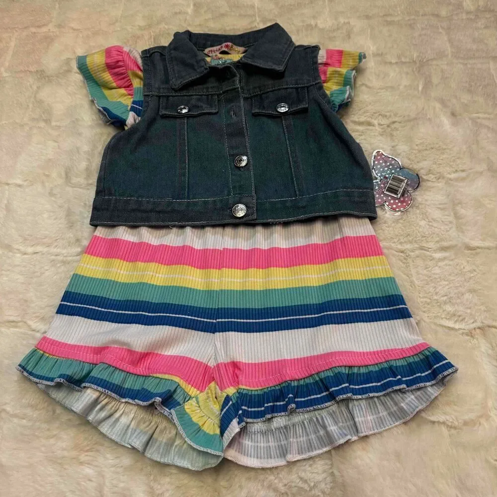 DELIAS Baby Girls Striped Romper Sleeveless Denim Vest Set Multicolor 2T NWT